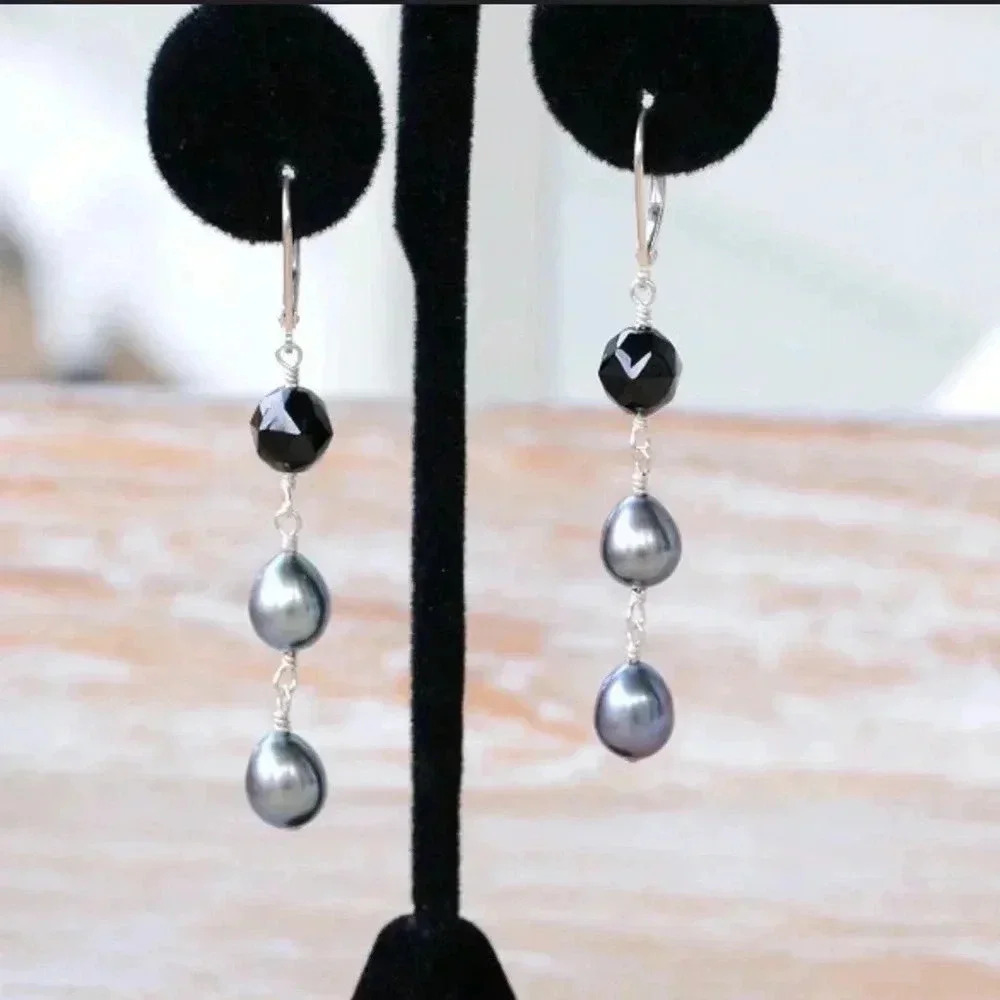 Black Gemstone Earrings, Black Spinel Dangles,Peacock Color Pearls, Black Pearls - Picture 2 of 5